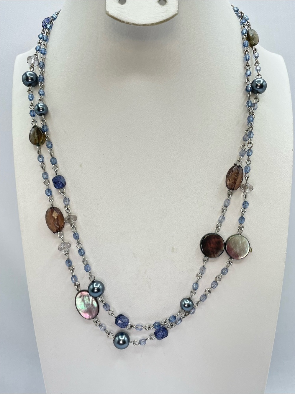 American Eagle Mother of Pearl Beaded Necklace Blue Crystal Layered Silver Tone